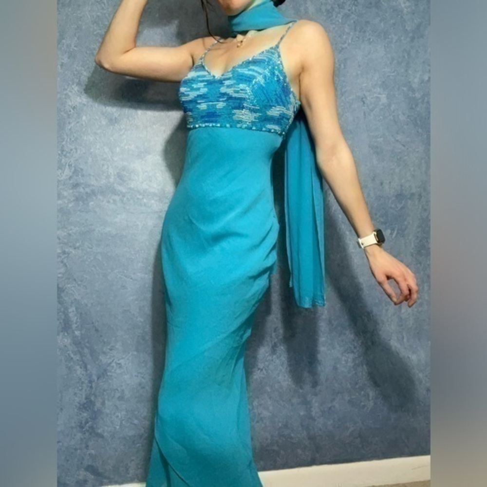 Dalia Vintage Hand Beaded Turquoise Ball Gown Scarf Set
